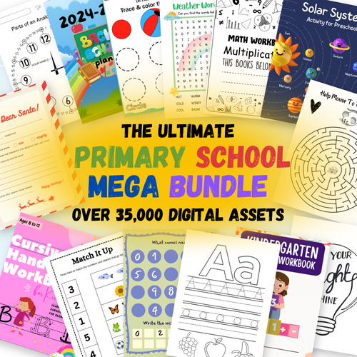 Le Mega Bundle Ultime pour l'ÉCOLE PRIMAIRE - m2 Cahiers d'activités et pages à colorier en téléchargement numérique pour enfants avec droits de revente MRR Master (en anglais)